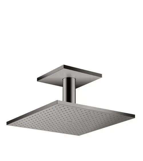 Duschkopf mit quadratischem Design und Deckenanschluss in Polished Black Chrome. Hersteller AXOR, ausgestattet mit mehreren Wasserstrahloptionen.